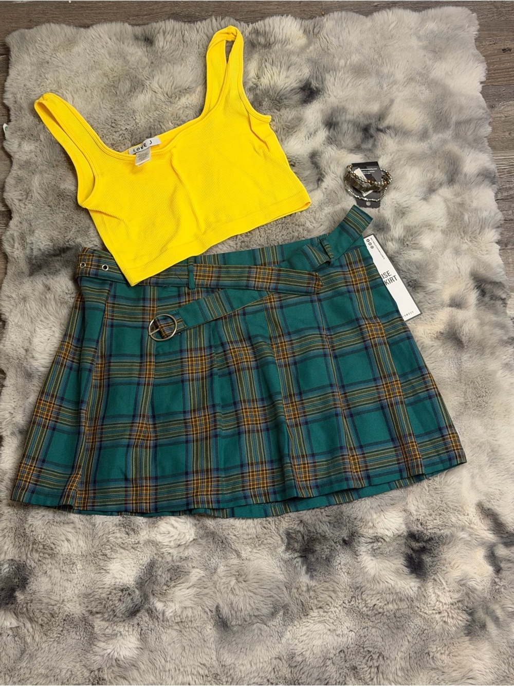 Love Teal Plaid Mini Skirt with Buckle Waist